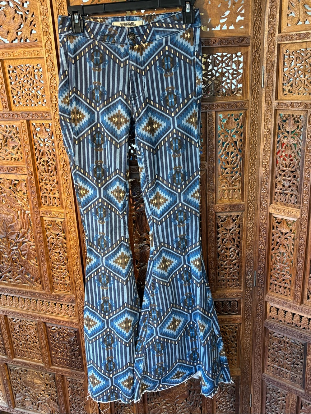 Rock & Roll Denim Boho Blue Geo-Print Flare Jeans